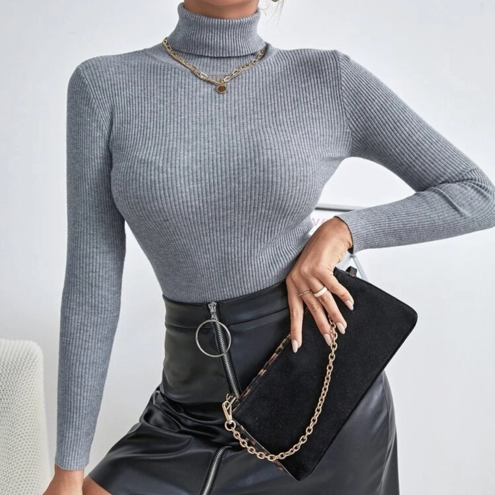 Solid High Neck Rib Knit Sweater